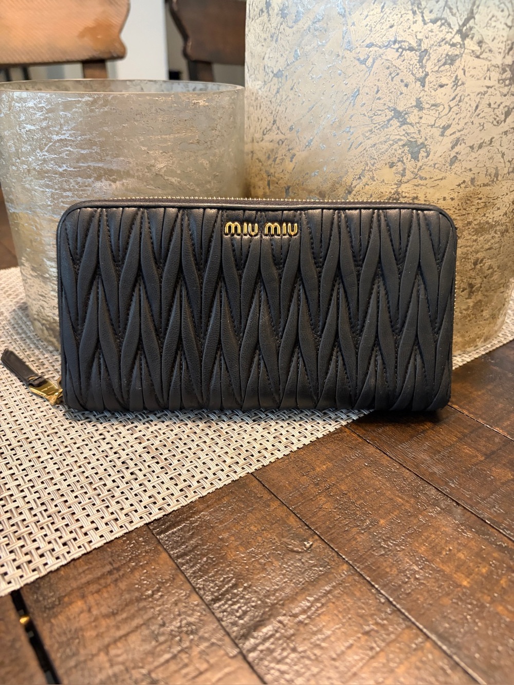 Miu Miu Black Matelassé Zip Wallet with Gold Logo
